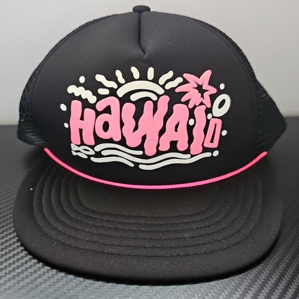 Vintage Hawaii Puff Print Black/Pink/White Trucker Style Rope Front Hat